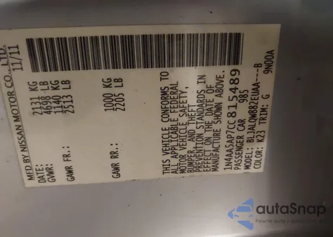 2012 Nissan Maxima 3.5 S z USA, uszkodzony, nr VIN 1N4AA5AP7CC815489